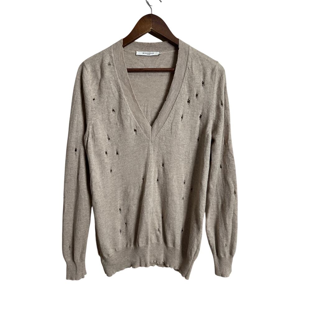 Givenchy Paris Distressed 100% Cashmere V-Neck Sweater Grunge Designer Womans S